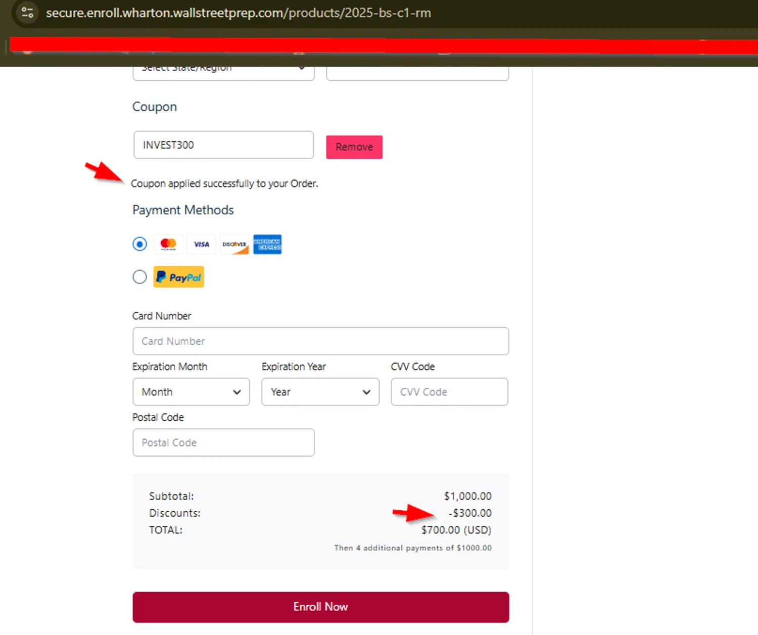 Wharton Online promo code screenshot showing code INVEST300 applied at Wharton Online checkout page. Uploaded by SimplyCodes community member SimplyCVerlie on Jan 30, 2025