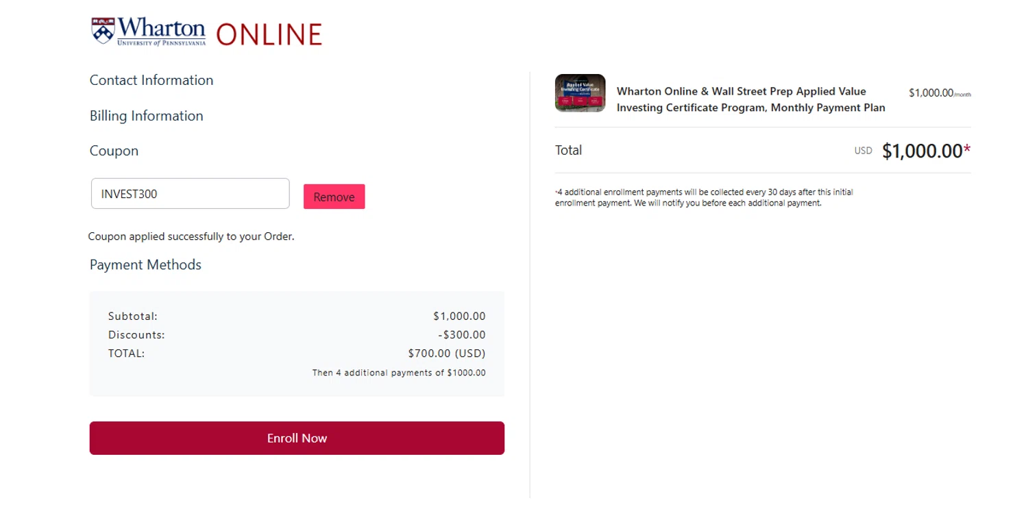Wharton Online promo code screenshot showing code INVEST300 applied at Wharton Online checkout page. Uploaded by SimplyCodes community member jesspea on Jan 30, 2025