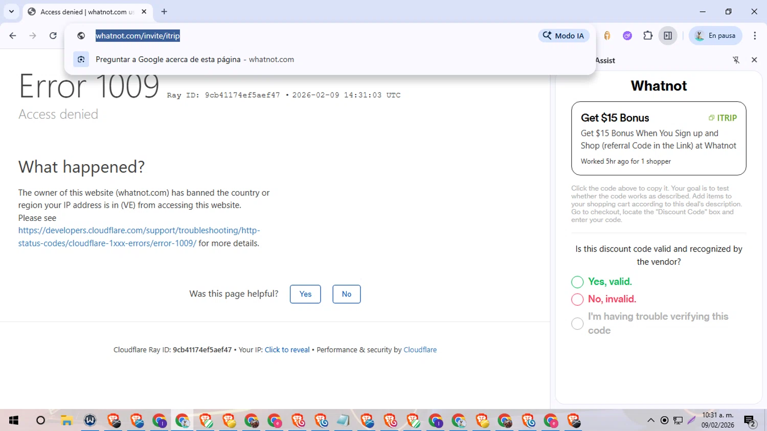 Whatnot promo code screenshot showing code itrip applied at Whatnot checkout page. Uploaded by SimplyCodes community member QuestOwl6864 on Feb 9, 2026
