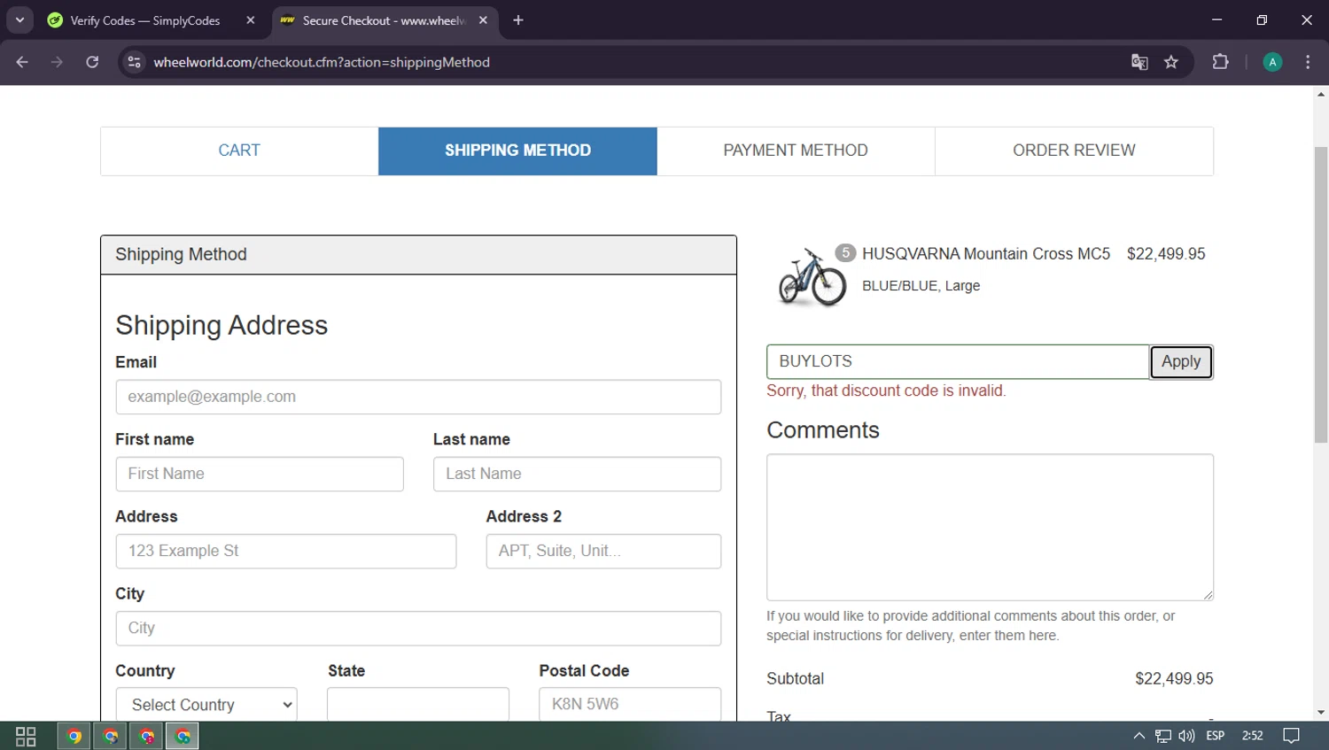 Wheel World discount code screenshot showing code BUYLOTS applied at Wheel World checkout page. Uploaded by SimplyCodes community member CarlOz on Feb 16, 2025