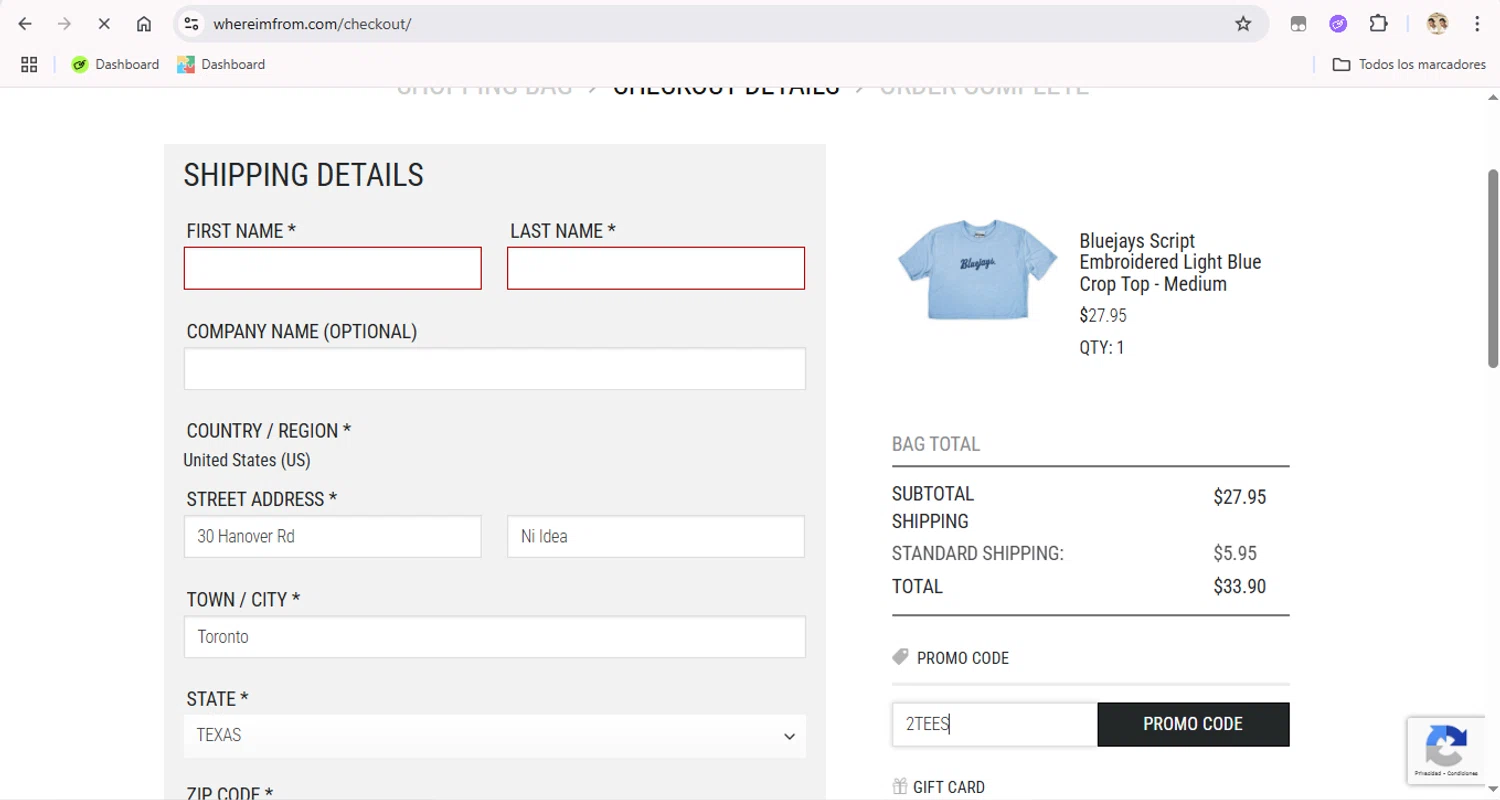 Where I'm From promo code screenshot showing code 2TEES applied at Where I'm From checkout page. Uploaded by SimplyCodes community member FrugalFox6593 on Jun 7, 2025
