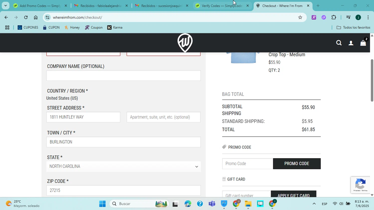 Where I'm From promo code screenshot showing code 2TEES applied at Where I'm From checkout page. Uploaded by SimplyCodes community member jorgejavierherrera on Jun 7, 2025
