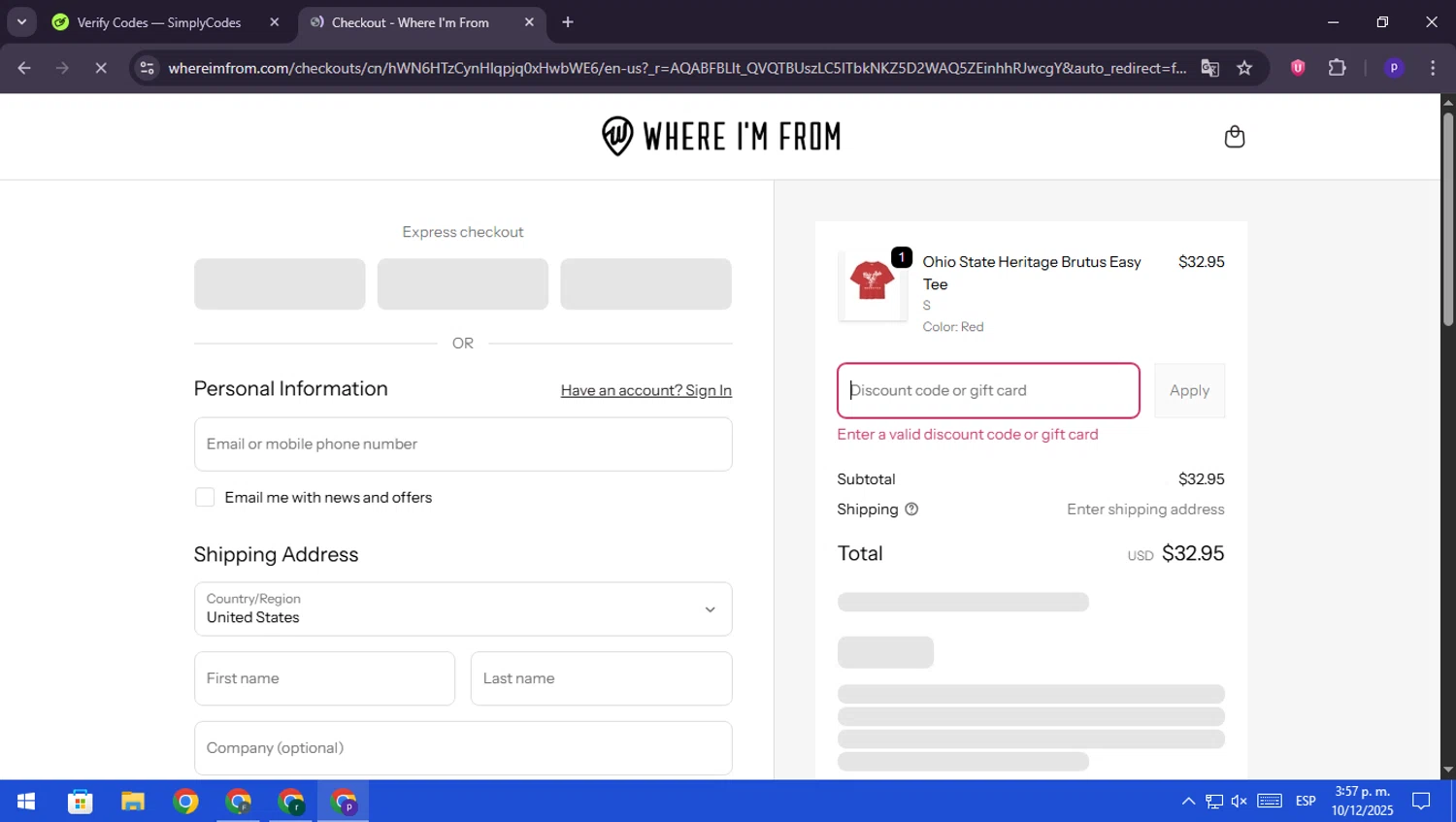 Where I'm From promo code screenshot showing code BF25 applied at Where I'm From checkout page. Uploaded by SimplyCodes community member RebateScout6612 on Dec 10, 2025