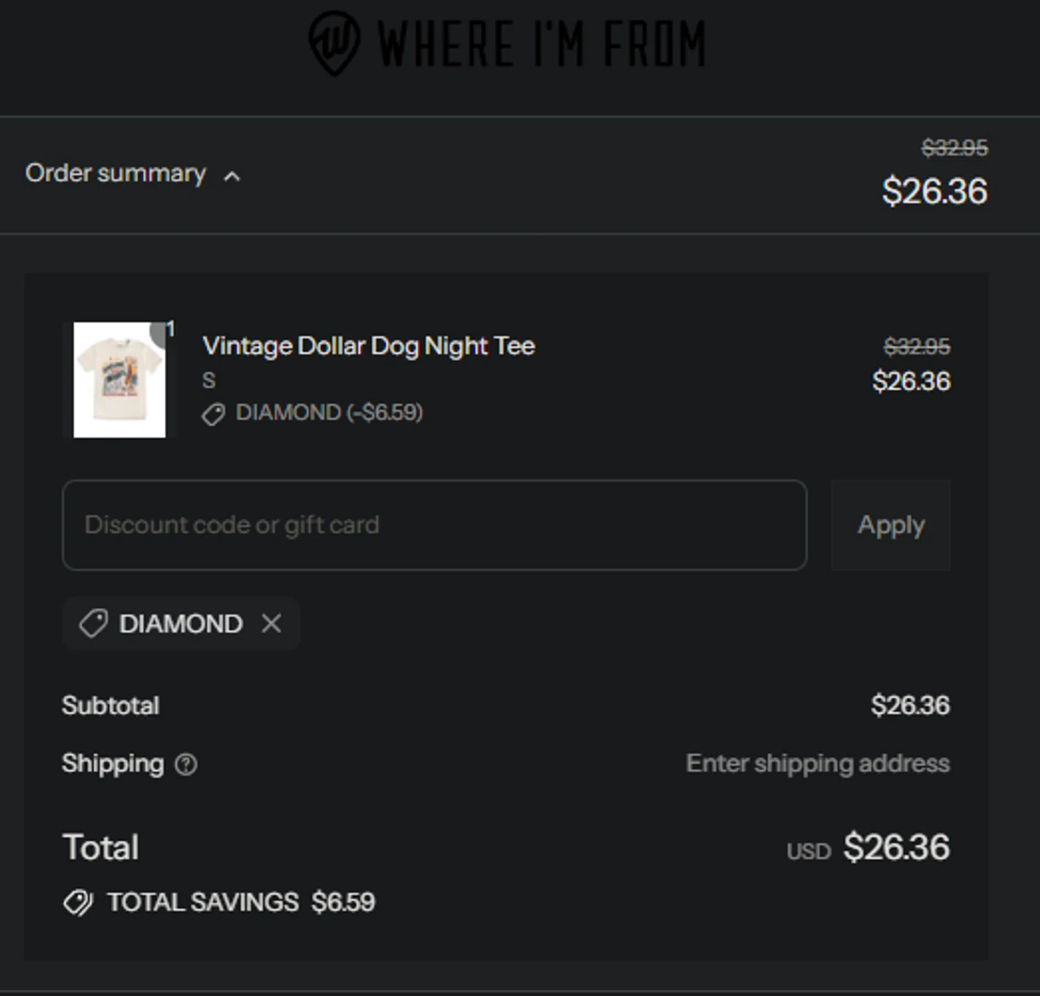 Where I'm From checkout page showing Where I'm From promo code box | Screenshot taken by SimplyCodes community member on Sep 11, 2025