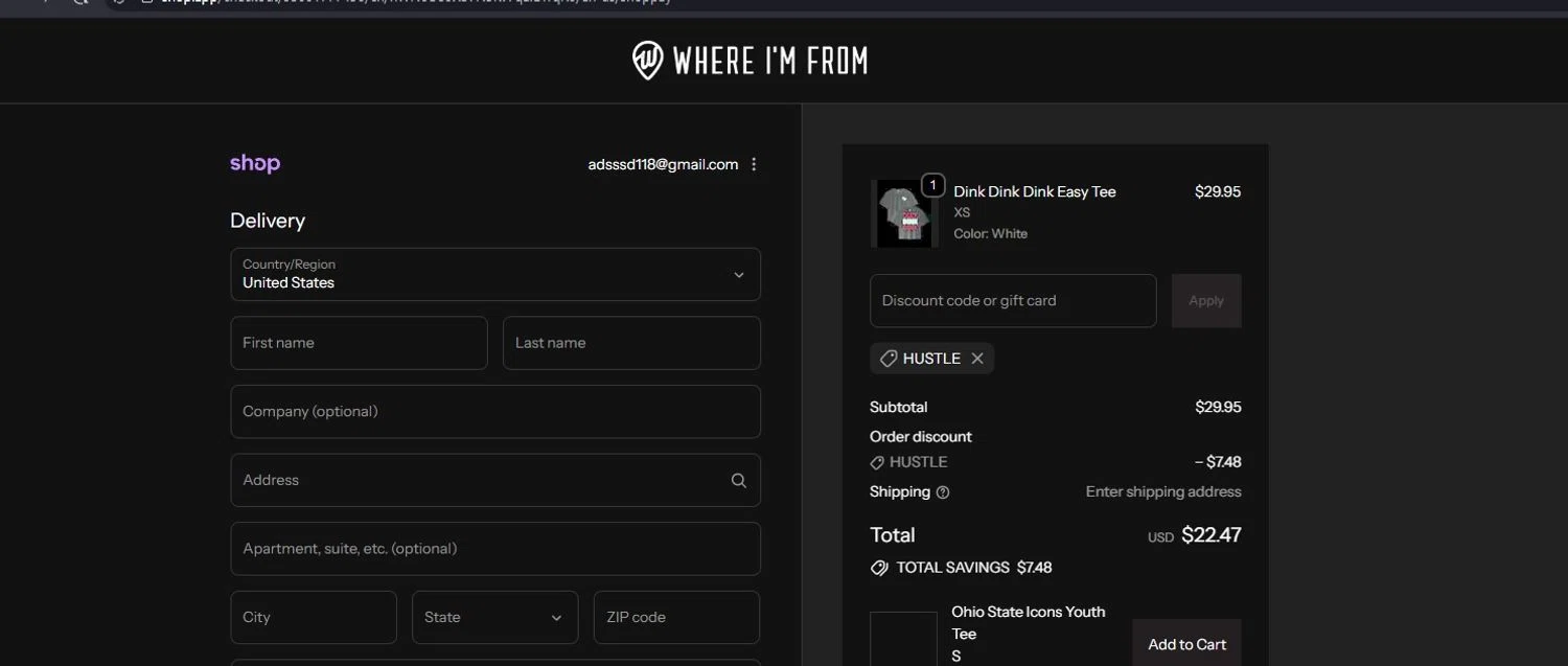 Where I'm From checkout page showing Where I'm From promo code box | Screenshot taken by SimplyCodes community member on Dec 16, 2025