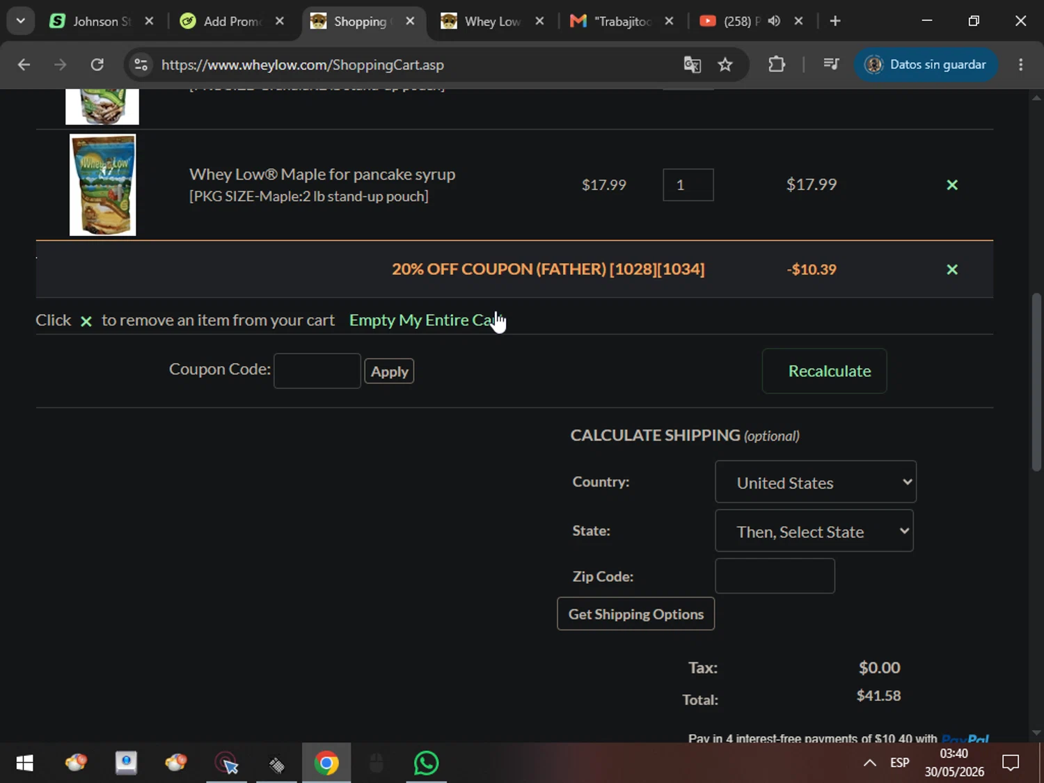 Whey Low promo code screenshot showing code FATHER20 applied at Whey Low checkout page. Uploaded by SimplyCodes community member MarcosAranguren on May 30, 2026