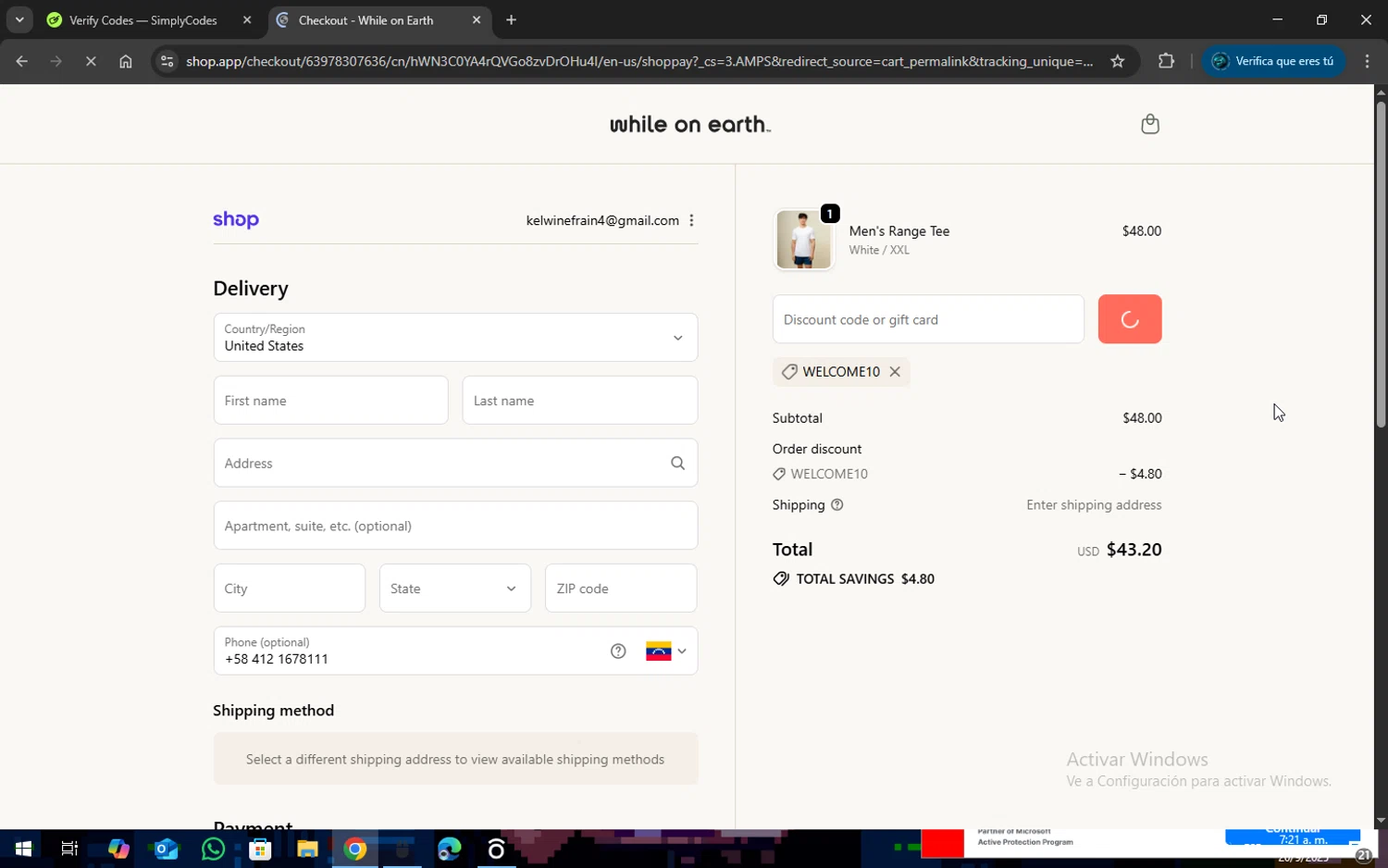 While on Earth discount code screenshot showing code WELCOME10 applied at While on Earth checkout page. Uploaded by SimplyCodes community member SOPACONPAN on Sep 20, 2025
