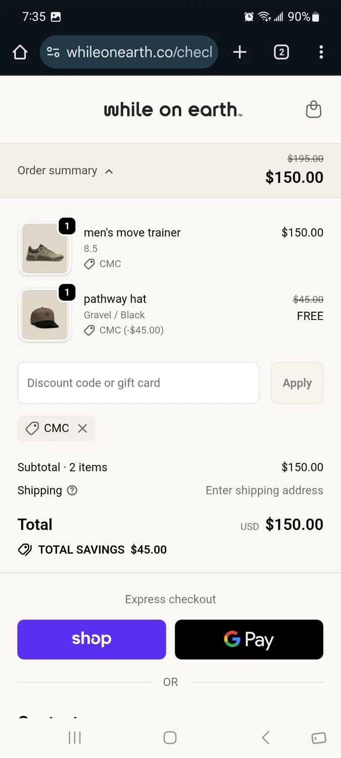 While on Earth discount code screenshot showing code CMC applied at While on Earth checkout page. Uploaded by SimplyCodes community member Milaya on Oct 20, 2025