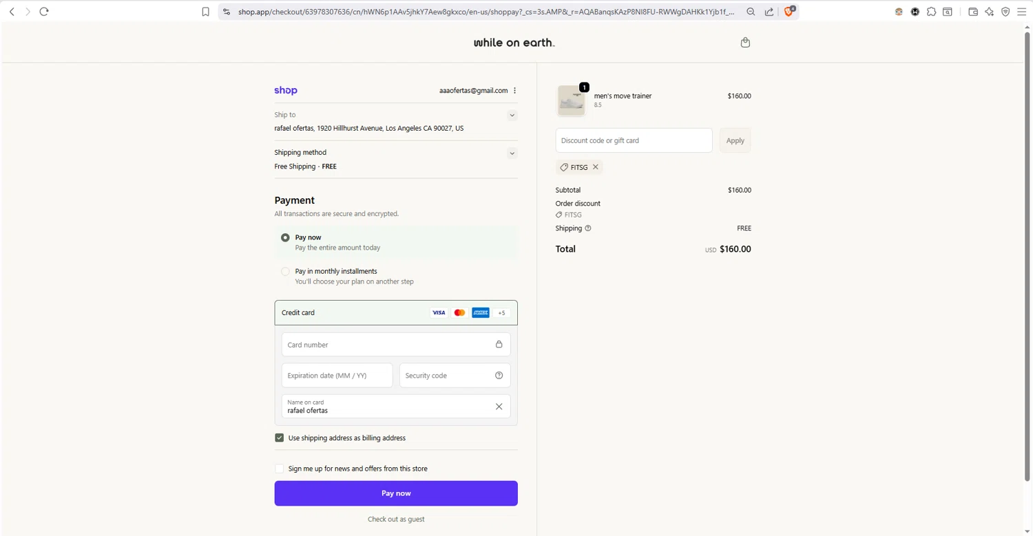 While on Earth discount code screenshot showing code FITSG applied at While on Earth checkout page. Uploaded by SimplyCodes community member dayselis15 on Dec 25, 2025