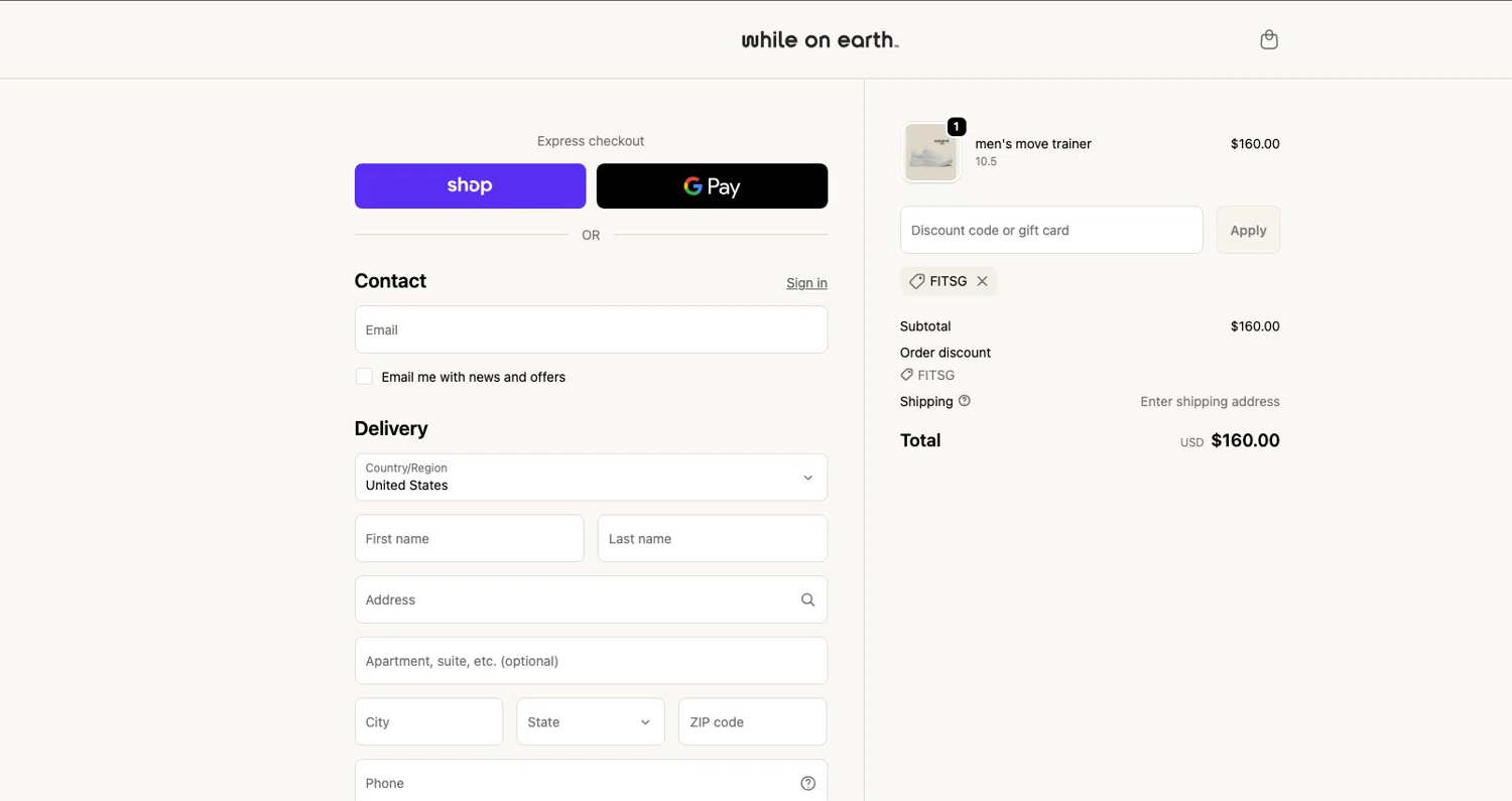 While on Earth discount code screenshot showing code FITSG applied at While on Earth checkout page. Uploaded by SimplyCodes community member ELOIN777 on Dec 24, 2025