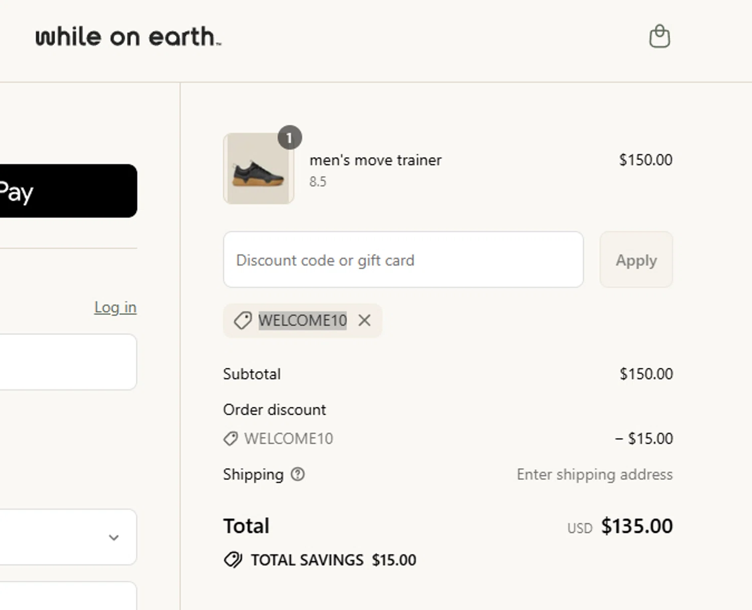 While on Earth discount code screenshot showing code WELCOME10 applied at While on Earth checkout page. Uploaded by SimplyCodes community member aumentadax10 on Aug 22, 2025