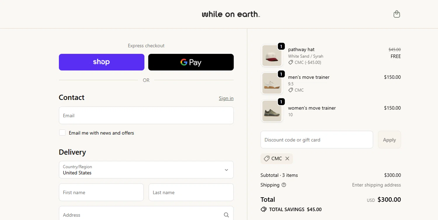 While on Earth discount code screenshot showing code CMC applied at While on Earth checkout page. Uploaded by SimplyCodes community member juanisaac on Oct 20, 2025