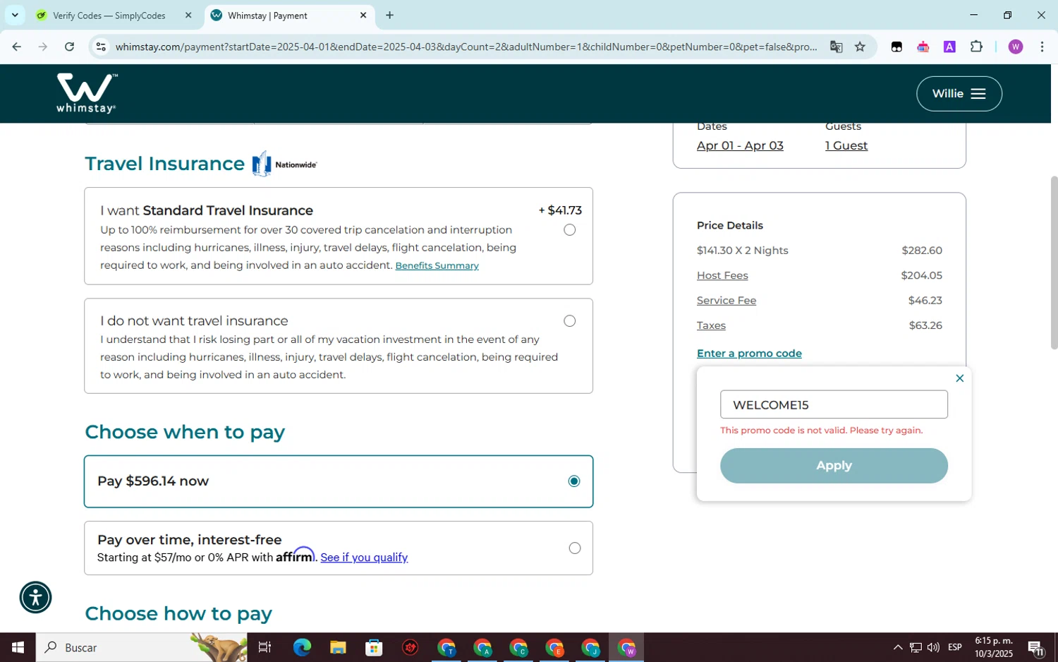 Whimstay promo code screenshot showing code WELCOME15 applied at Whimstay checkout page. Uploaded by SimplyCodes community member SwiftScout6682 on Mar 10, 2025