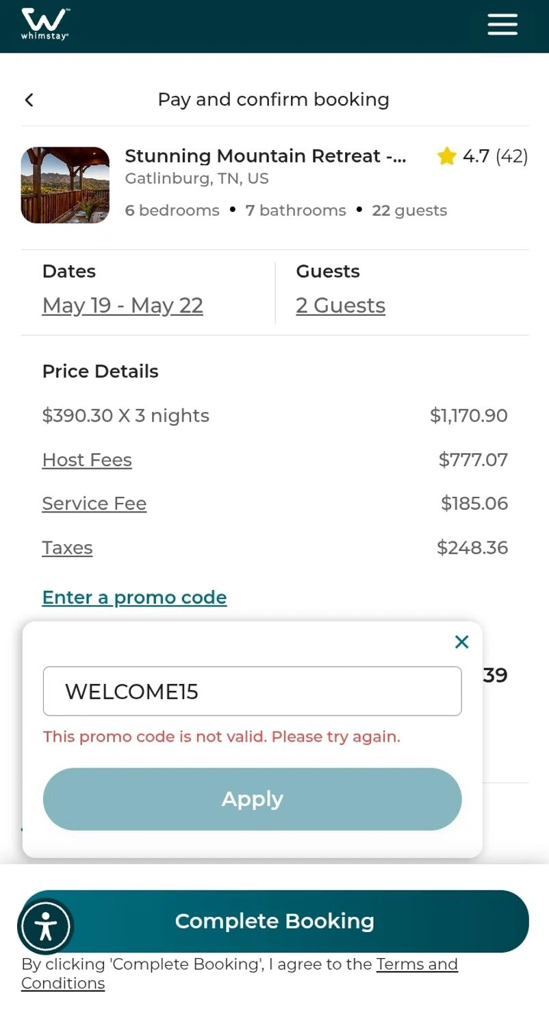 Whimstay promo code screenshot showing code WELCOME15 applied at Whimstay checkout page. Uploaded by SimplyCodes community member CouponCurator5931 on Apr 26, 2025