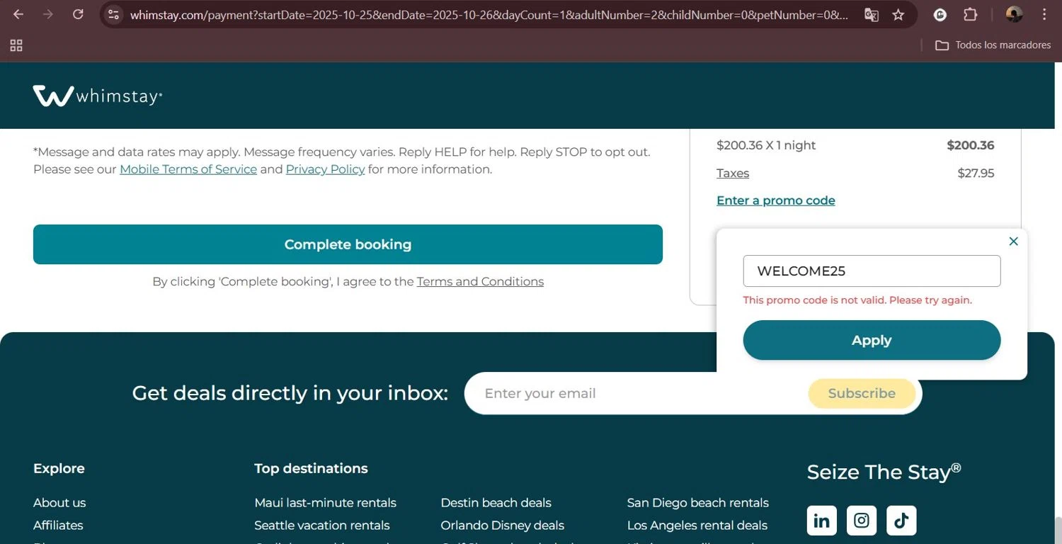 Whimstay promo code screenshot showing code WELCOME25 applied at Whimstay checkout page. Uploaded by SimplyCodes community member Milaya on Oct 24, 2025