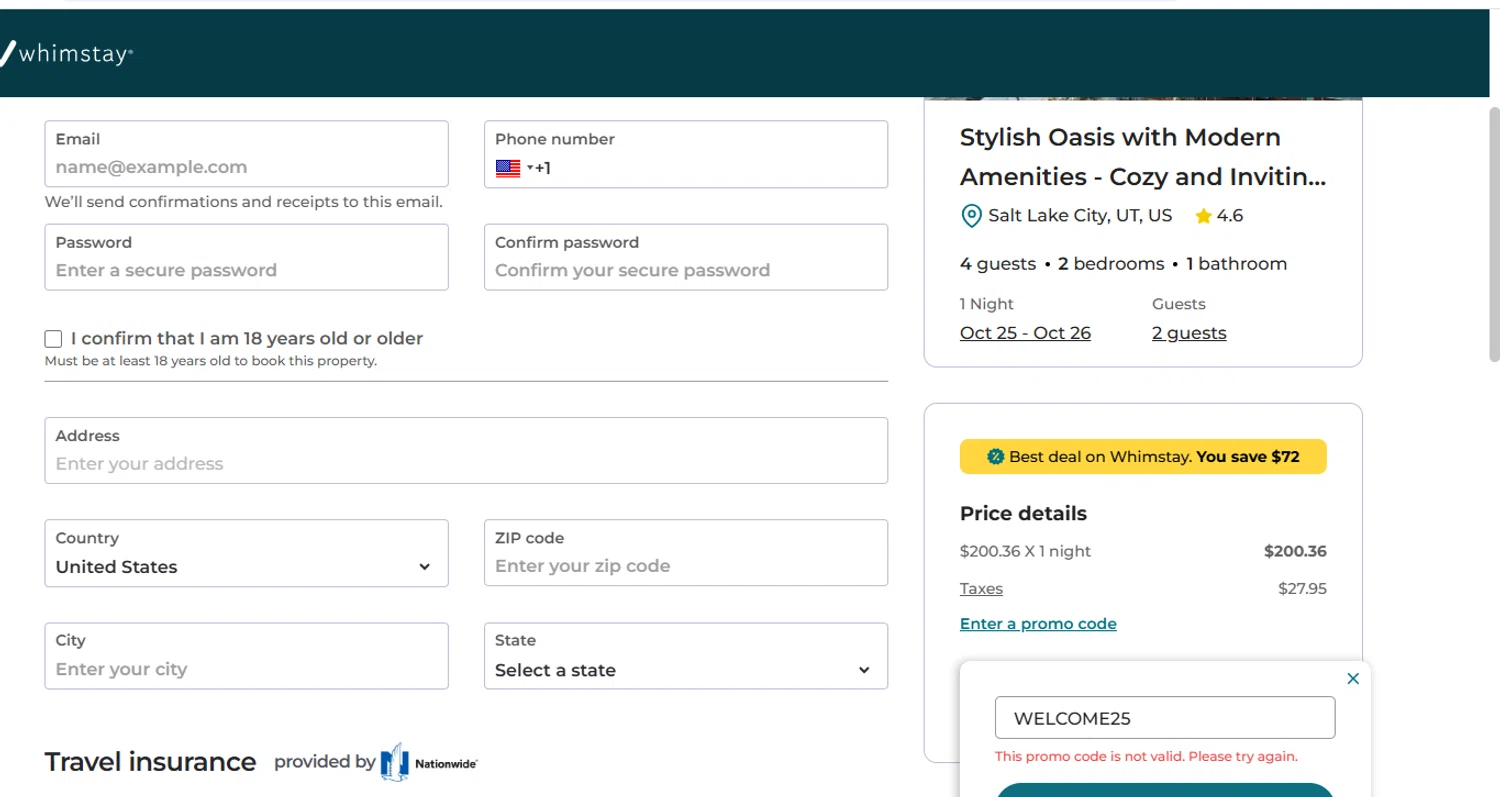 Whimstay promo code screenshot showing code WELCOME25 applied at Whimstay checkout page. Uploaded by SimplyCodes community member joanromero on Oct 24, 2025
