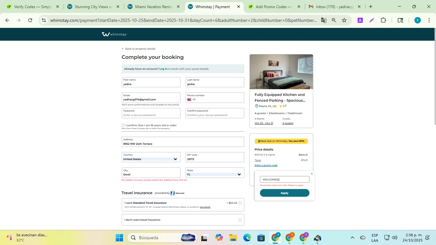 Whimstay promo code screenshot showing code WELCOME25 applied at Whimstay checkout page. Uploaded by SimplyCodes community member yadiracg074 on Oct 24, 2025
