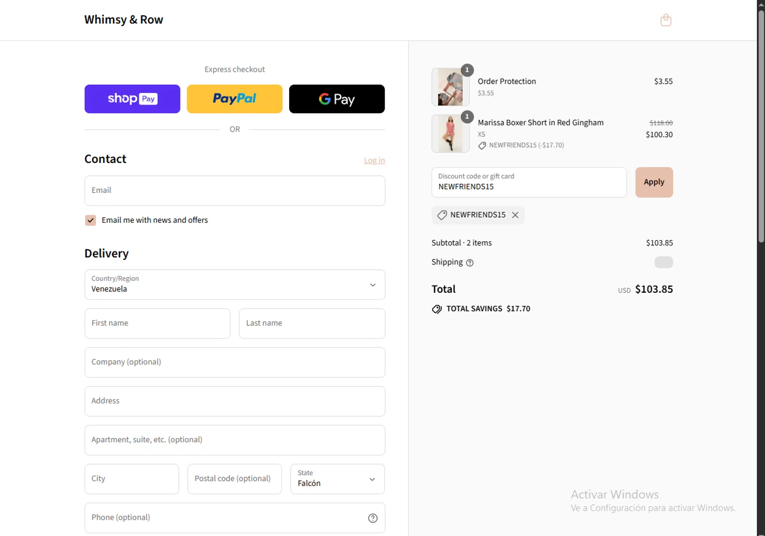 Whimsy & Row promo code screenshot showing code NEWFRIENDS15 applied at Whimsy & Row checkout page. Uploaded by SimplyCodes community member FortunateSeeker4672 on Aug 8, 2025