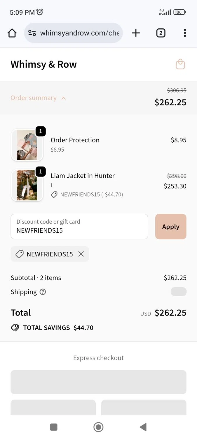 Whimsy & Row promo code screenshot showing code NEWFRIENDS15 applied at Whimsy & Row checkout page. Uploaded by SimplyCodes community member Richard251 on Oct 6, 2025