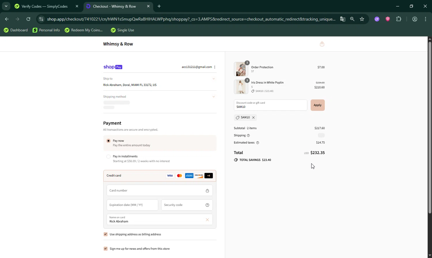 Whimsy & Row promo code screenshot showing code SAM10 applied at Whimsy & Row checkout page. Uploaded by SimplyCodes community member LHaunter on Aug 16, 2025