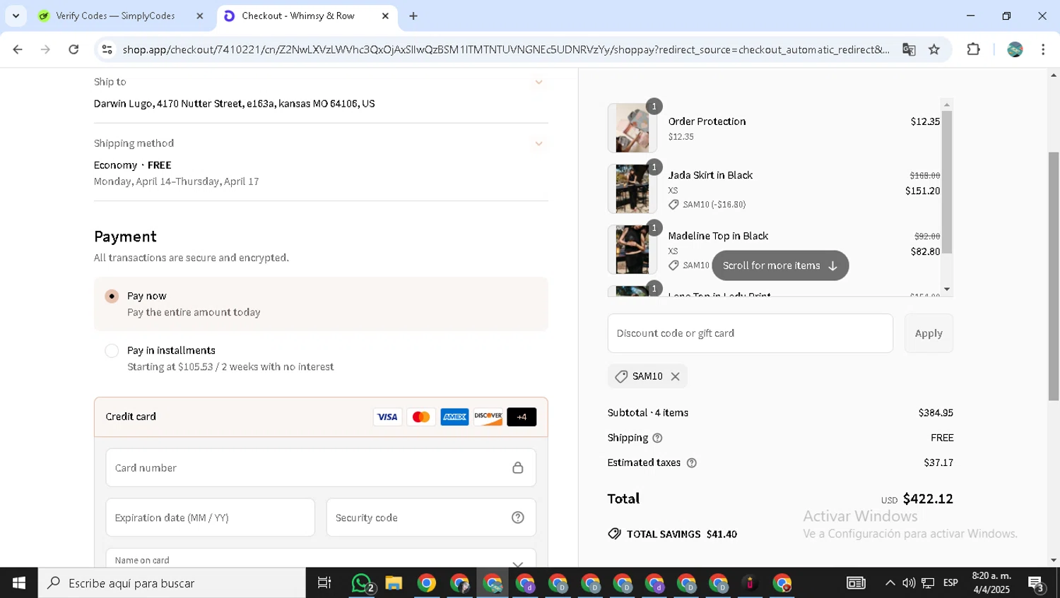 Whimsy & Row promo code screenshot showing code SAM10 applied at Whimsy & Row checkout page. Uploaded by SimplyCodes community member ShrewdMonarch9444 on Apr 4, 2025