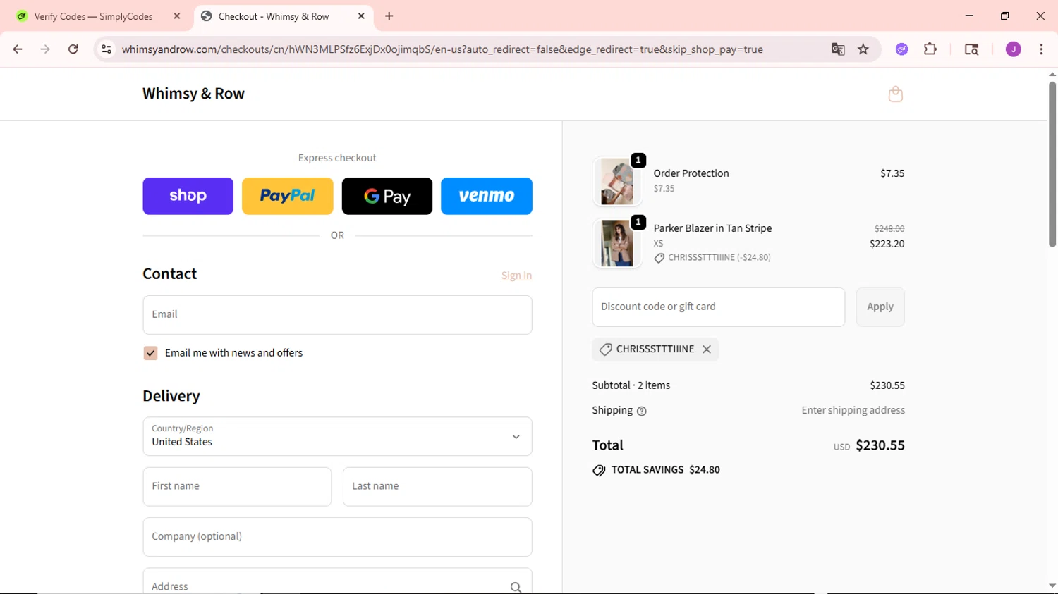 Whimsy & Row promo code screenshot showing code CHRISSSTTTIIINE applied at Whimsy & Row checkout page. Uploaded by SimplyCodes community member NobleSaver3560 on Sep 24, 2025