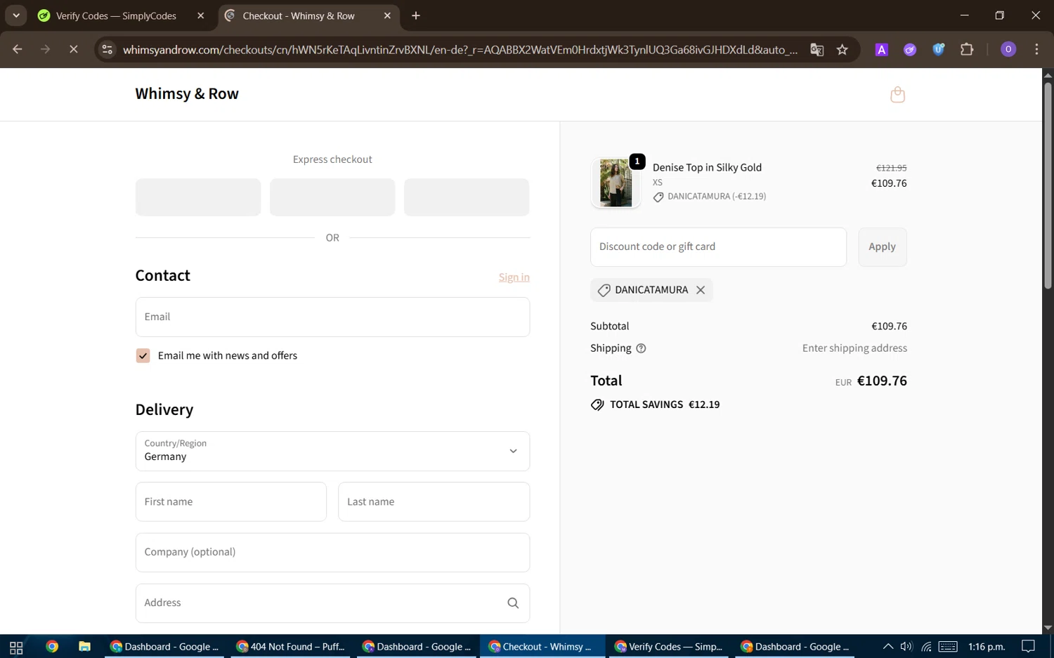 Whimsy & Row promo code screenshot showing code DANICATAMURA applied at Whimsy & Row checkout page. Uploaded by SimplyCodes community member BudgetHawk9503 on Nov 29, 2025
