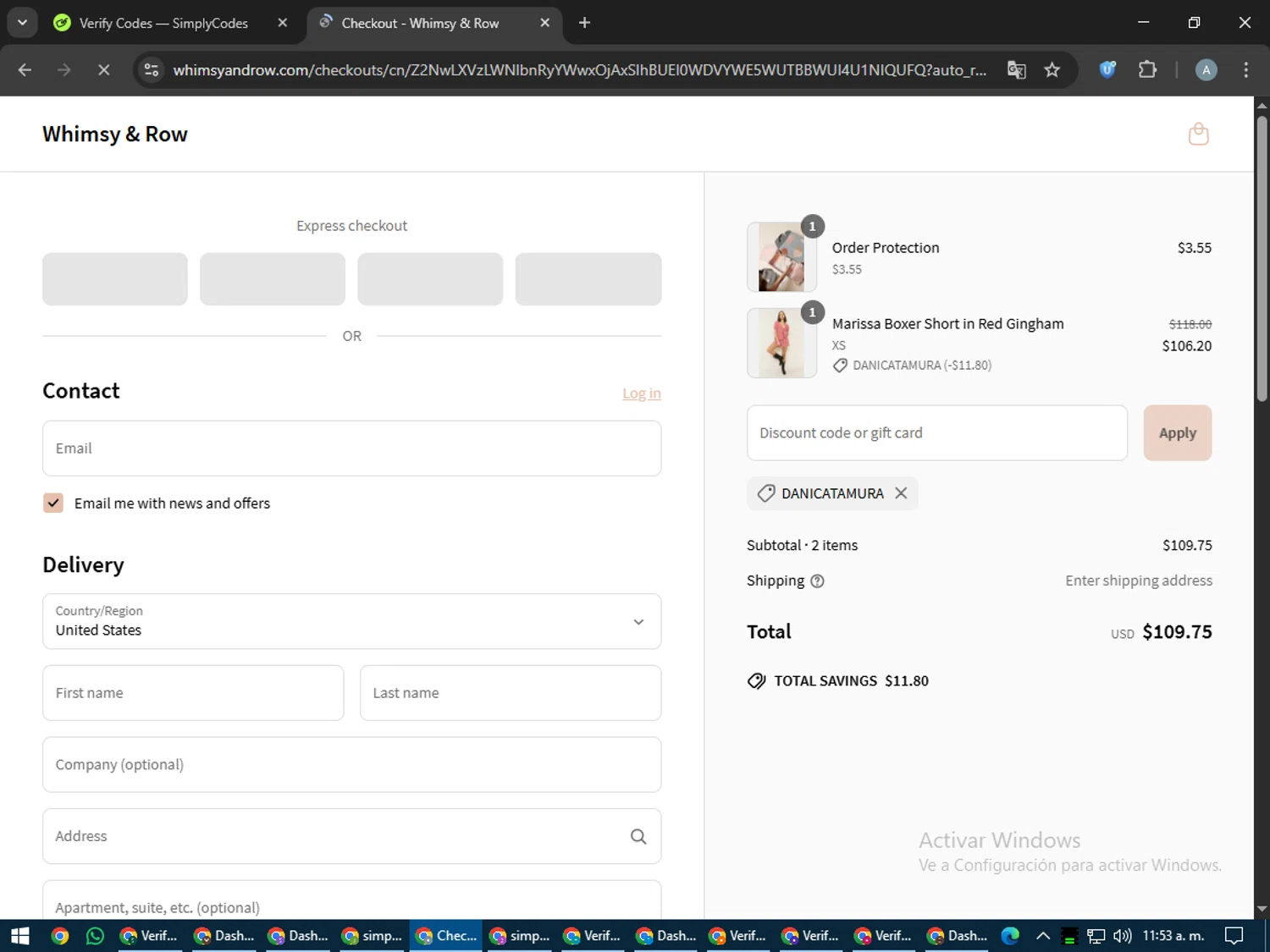 Whimsy & Row promo code screenshot showing code DANICATAMURA applied at Whimsy & Row checkout page. Uploaded by SimplyCodes community member trippieredd on Jun 9, 2025