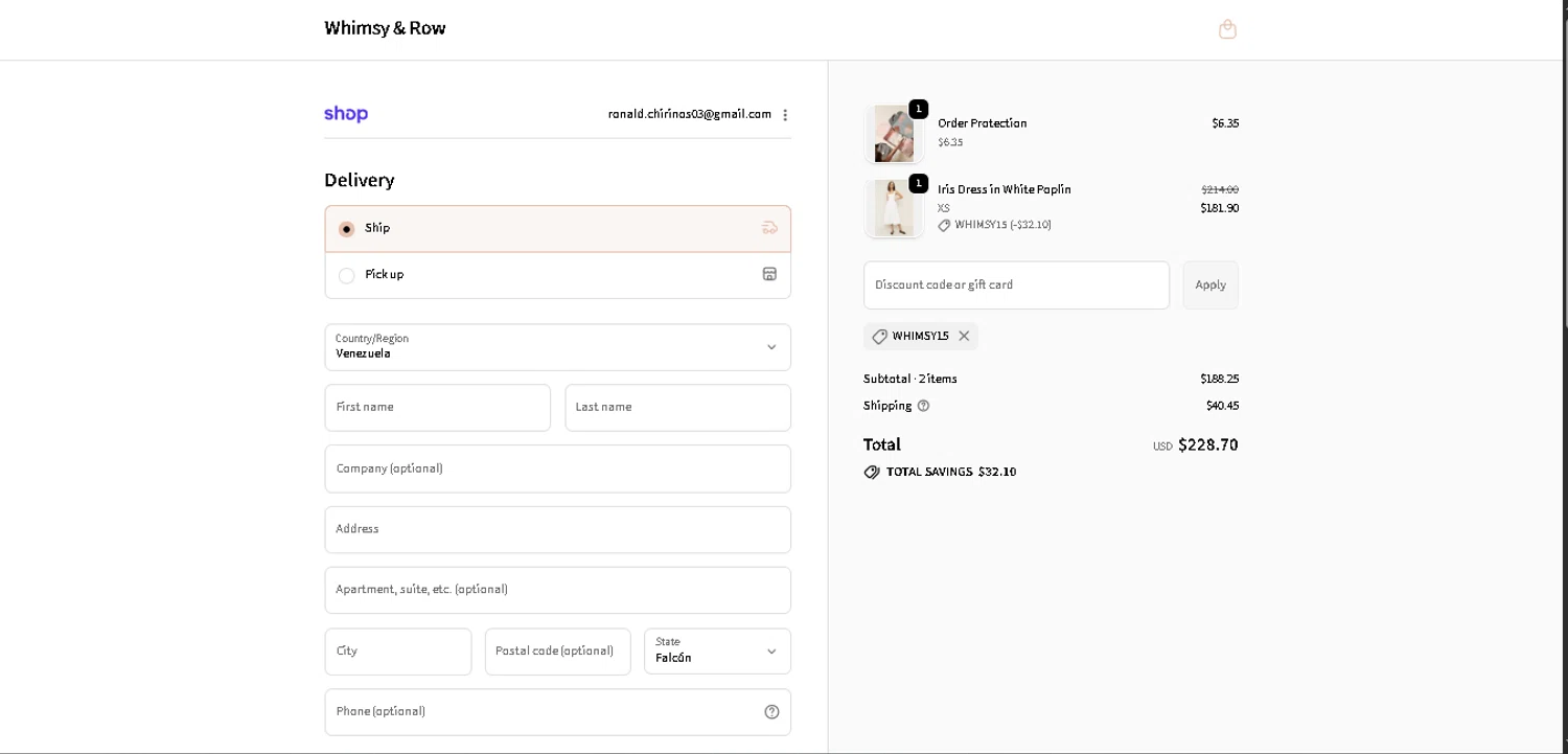 Whimsy & Row promo code screenshot showing code WHIMSY15 applied at Whimsy & Row checkout page. Uploaded by SimplyCodes community member PennySage5996 on Dec 23, 2025