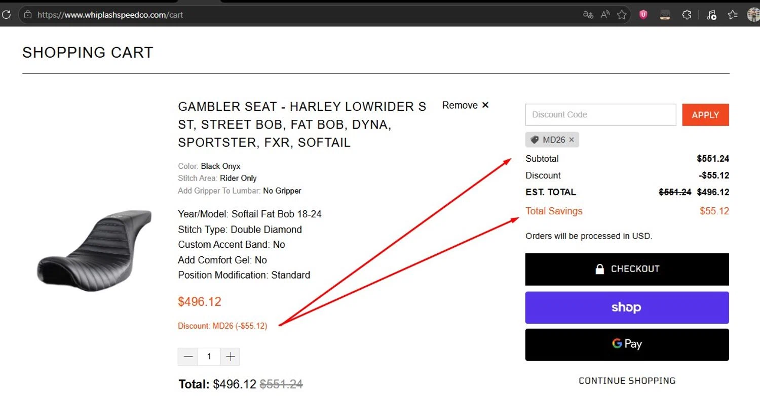 Whiplash promo code screenshot showing code MD26 applied at Whiplash checkout page. Uploaded by SimplyCodes community member HonestVzla on May 20, 2026