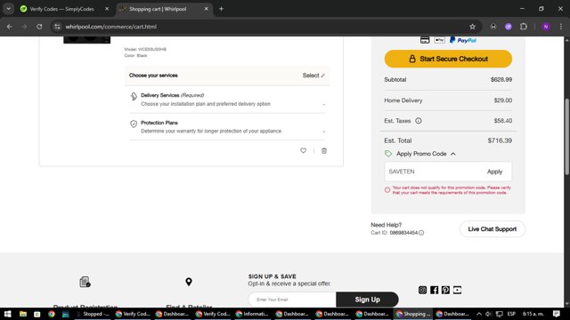 Whirlpool checkout page showing Whirlpool promo code box | Screenshot taken by SimplyCodes community member on Aug 11, 2025