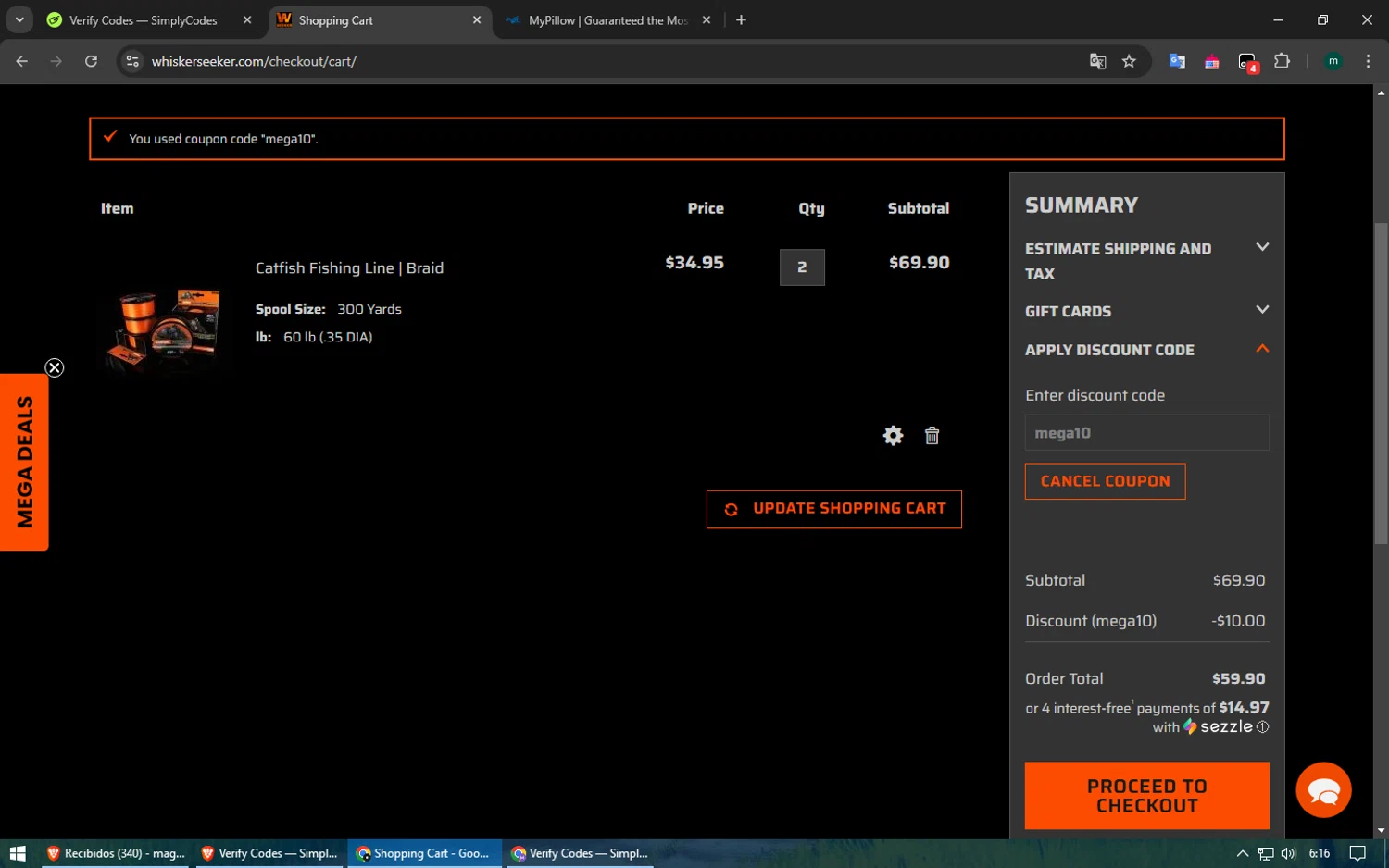 Whisker Seeker Tackle coupon code screenshot showing code mega10 applied at Whisker Seeker Tackle checkout page. Uploaded by SimplyCodes community member ShieldElite2370 on Jan 29, 2025
