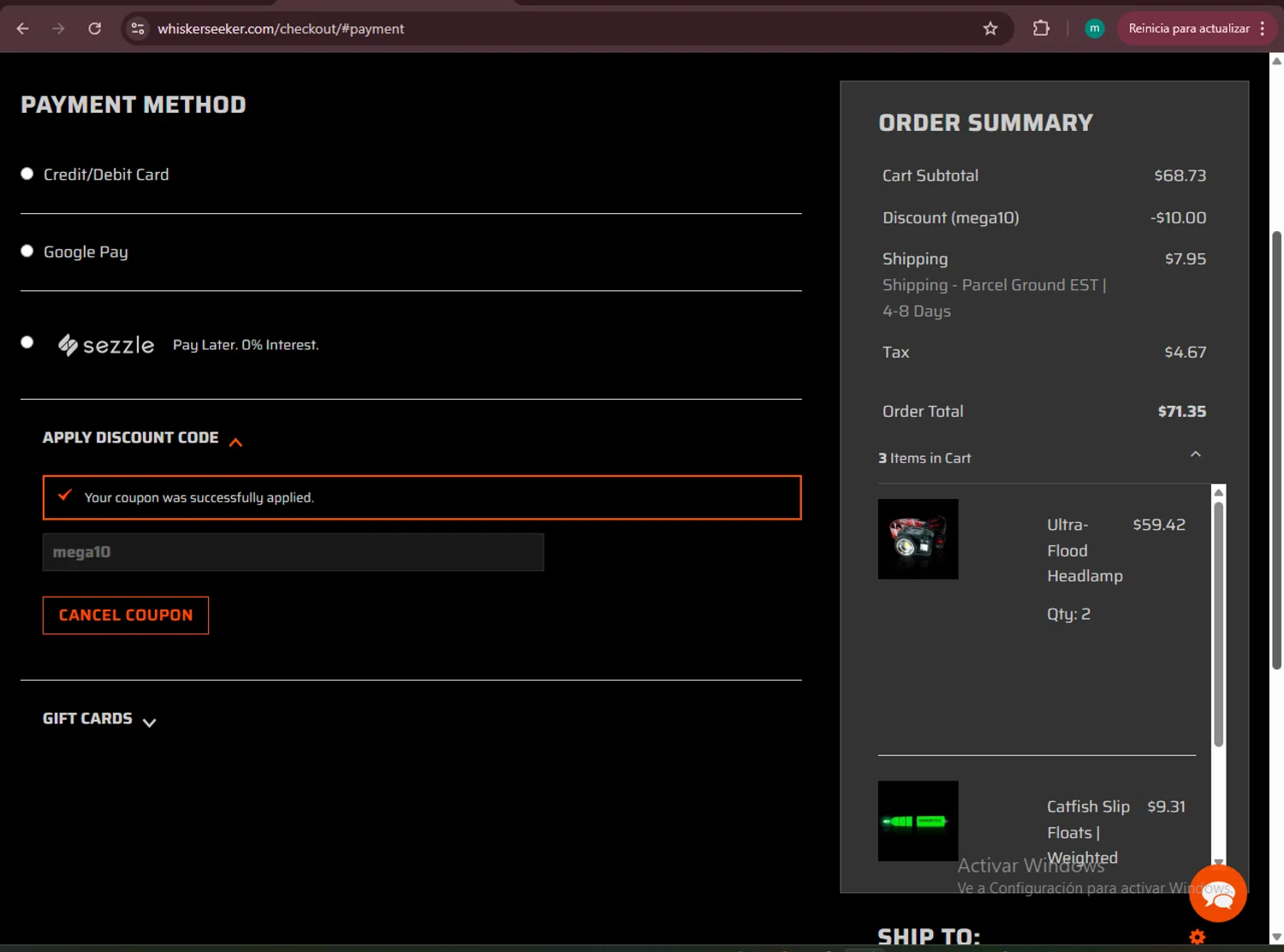 Whisker Seeker Tackle coupon code screenshot showing code mega10 applied at Whisker Seeker Tackle checkout page. Uploaded by SimplyCodes community member CrownSpotter4262 on Mar 28, 2025