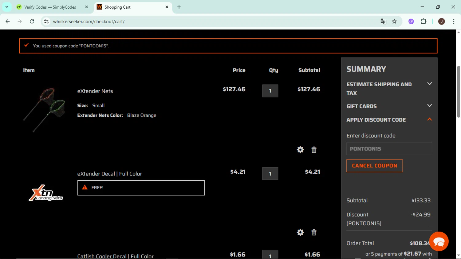 Whisker Seeker Tackle checkout page showing Whisker Seeker Tackle coupon code box | Screenshot taken by SimplyCodes community member on Jul 7, 2025