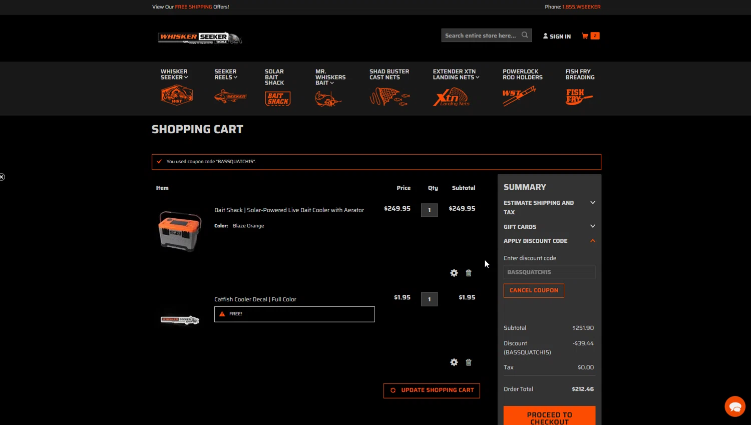 Whisker Seeker Tackle checkout page showing Whisker Seeker Tackle coupon code box | Screenshot taken by SimplyCodes community member on Jul 17, 2025
