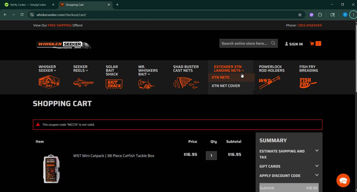 Whisker Seeker Tackle coupon code screenshot showing code MCC15 applied at Whisker Seeker Tackle checkout page. Uploaded by SimplyCodes community member RoyalSage9159 on Sep 3, 2025
