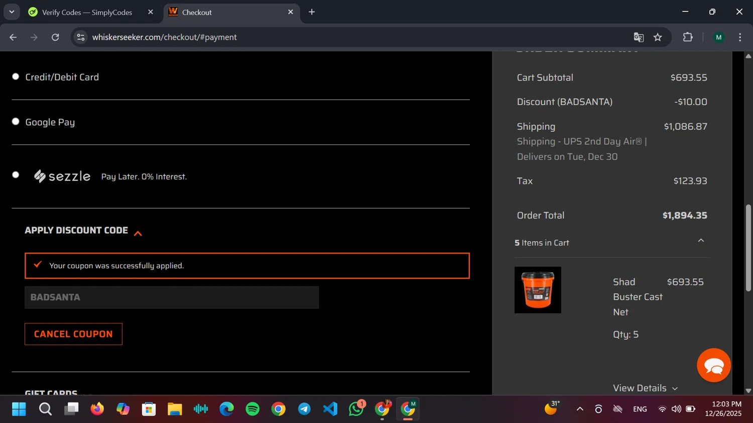 Whisker Seeker Tackle coupon code screenshot showing code BADSANTA applied at Whisker Seeker Tackle checkout page. Uploaded by SimplyCodes community member JPRJOESTAR on Dec 26, 2025