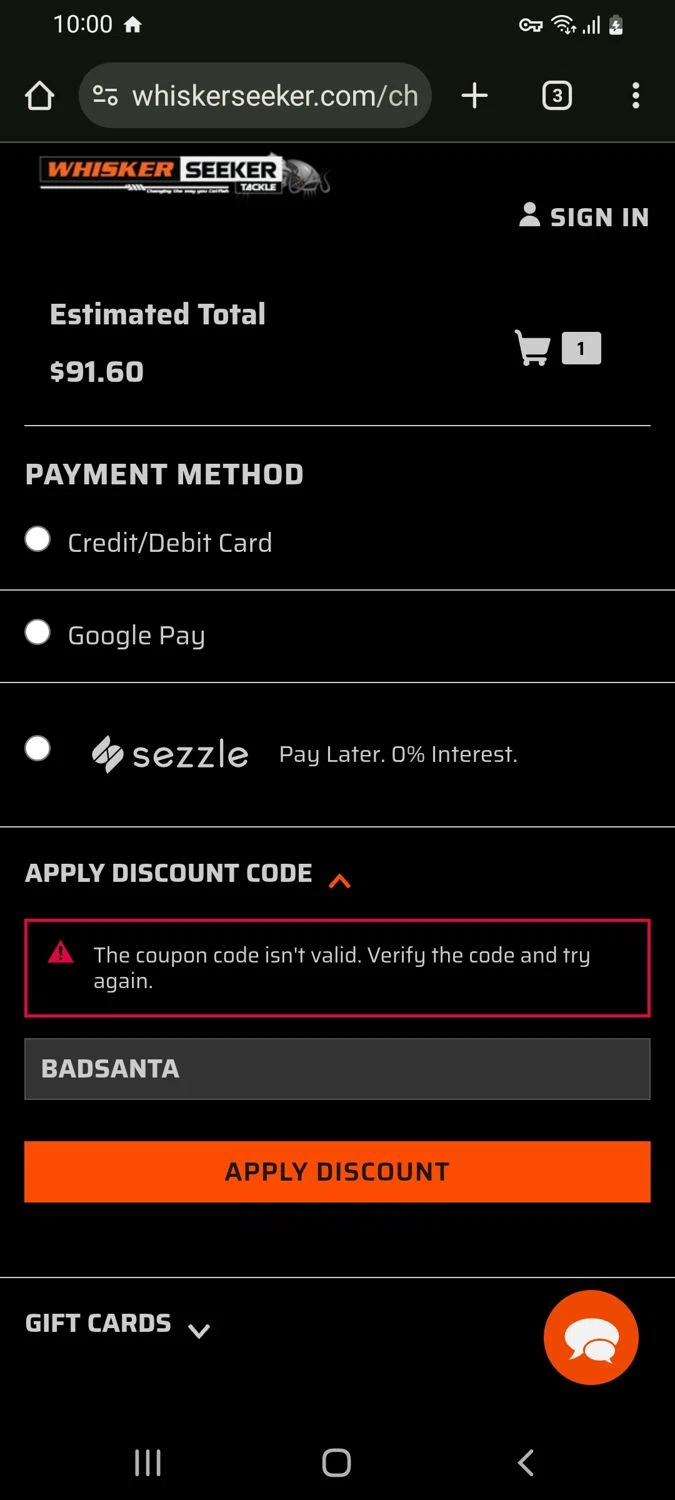 Whisker Seeker Tackle coupon code screenshot showing code BADSANTA applied at Whisker Seeker Tackle checkout page. Uploaded by SimplyCodes community member tulioriera on Jan 24, 2026