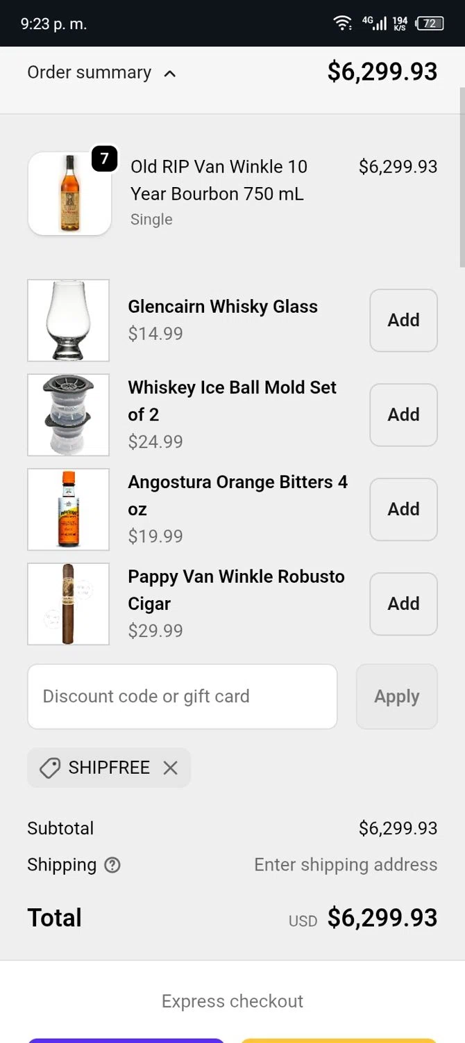 Whiskey Caviar discount code screenshot showing code SHIPFREE applied at Whiskey Caviar checkout page. Uploaded by SimplyCodes community member Rafita on Nov 17, 2025