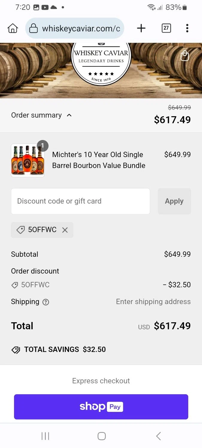Whiskey Caviar discount code screenshot showing code 5OFFWC applied at Whiskey Caviar checkout page. Uploaded by SimplyCodes community member ScanMaverick9378 on Jan 13, 2025