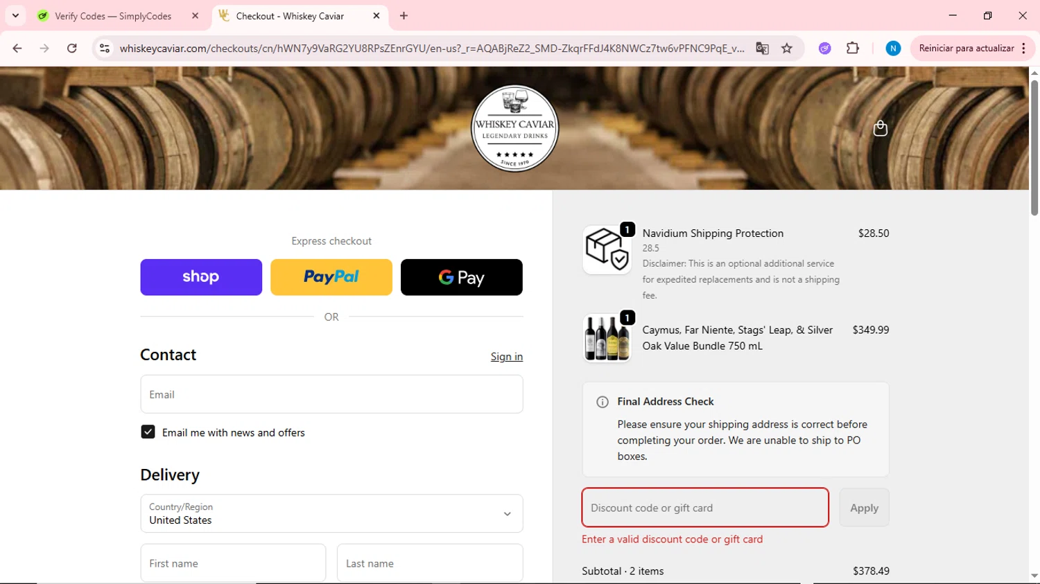 Whiskey Caviar discount code screenshot showing code MLK10 applied at Whiskey Caviar checkout page. Uploaded by SimplyCodes community member QuestOwl6398 on Jan 24, 2026