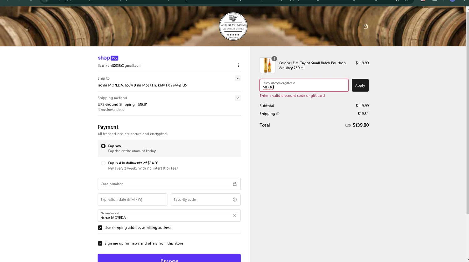 Whiskey Caviar discount code screenshot showing code MLK10 applied at Whiskey Caviar checkout page. Uploaded by SimplyCodes community member CoinPilot9113 on Feb 17, 2025