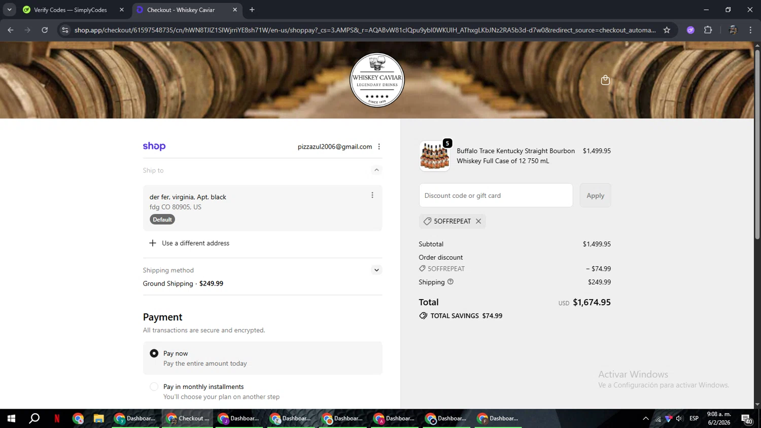 Whiskey Caviar checkout page showing Whiskey Caviar discount code box | Screenshot taken by SimplyCodes community member on Feb 6, 2026