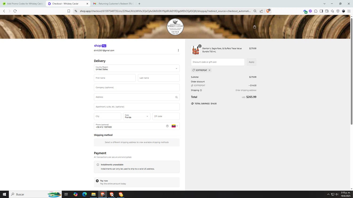 Whiskey Caviar discount code screenshot showing code 5OFFREPEAT applied at Whiskey Caviar checkout page. Uploaded by SimplyCodes community member AnthonyGTX on Jun 19, 2025