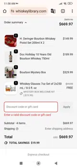 The Whiskey Library coupon verification screenshot
