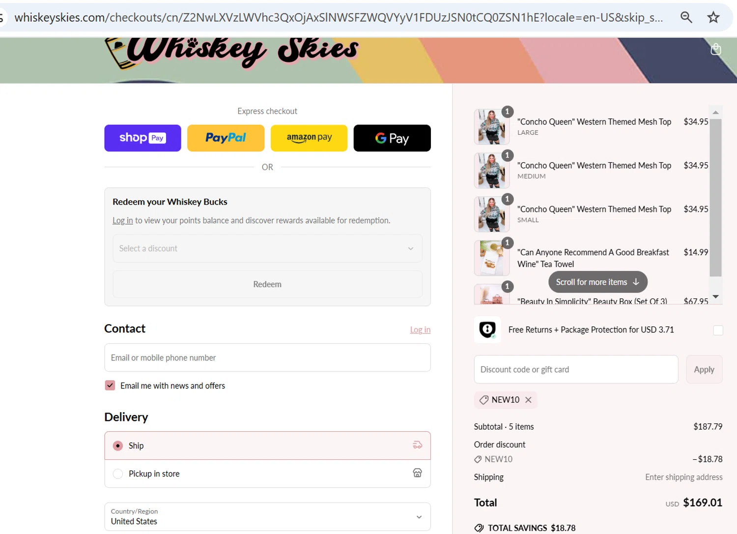 Whiskey Skies Boutique coupon code screenshot showing code NEW10 applied at Whiskey Skies Boutique checkout page. Uploaded by SimplyCodes community member BargainPioneer7317 on Apr 27, 2025