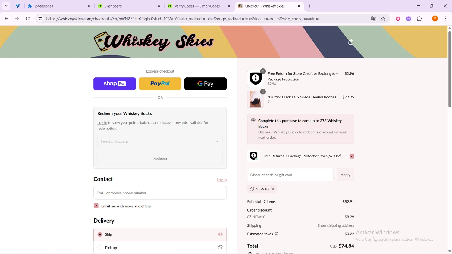 Whiskey Skies Boutique coupon code screenshot showing code NEW10 applied at Whiskey Skies Boutique checkout page. Uploaded by SimplyCodes community member VoucherShopper4674 on Aug 23, 2025