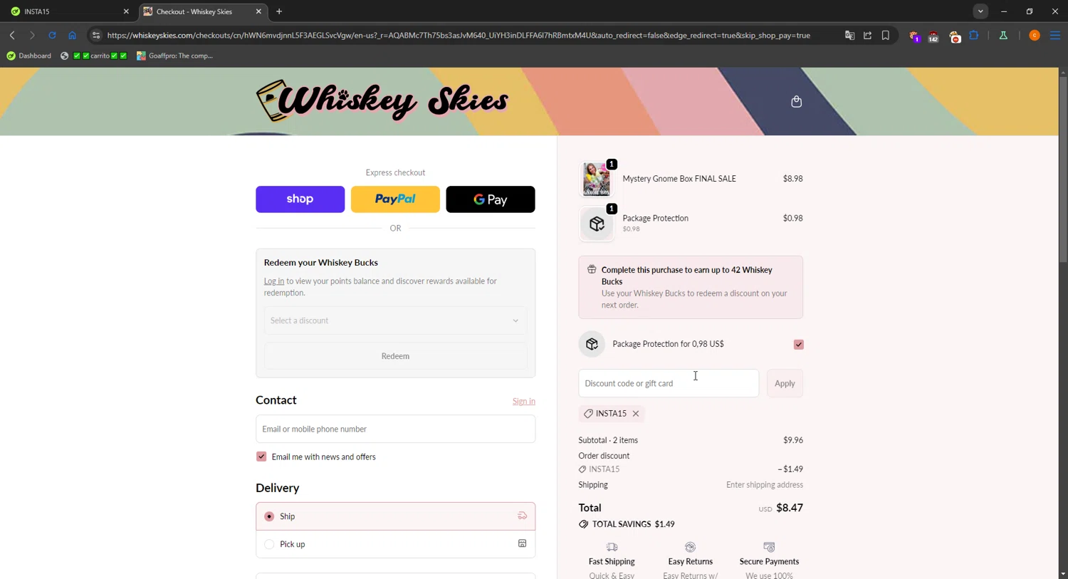 Whiskey Skies Boutique coupon code screenshot showing code INSTA15 applied at Whiskey Skies Boutique checkout page. Uploaded by SimplyCodes community member LOgoter on Dec 24, 2025