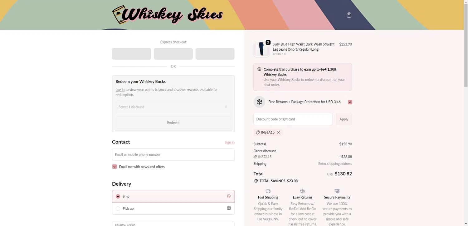 Whiskey Skies Boutique coupon code screenshot showing code INSTA15 applied at Whiskey Skies Boutique checkout page. Uploaded by SimplyCodes community member PennyRanger8219 on Dec 4, 2025
