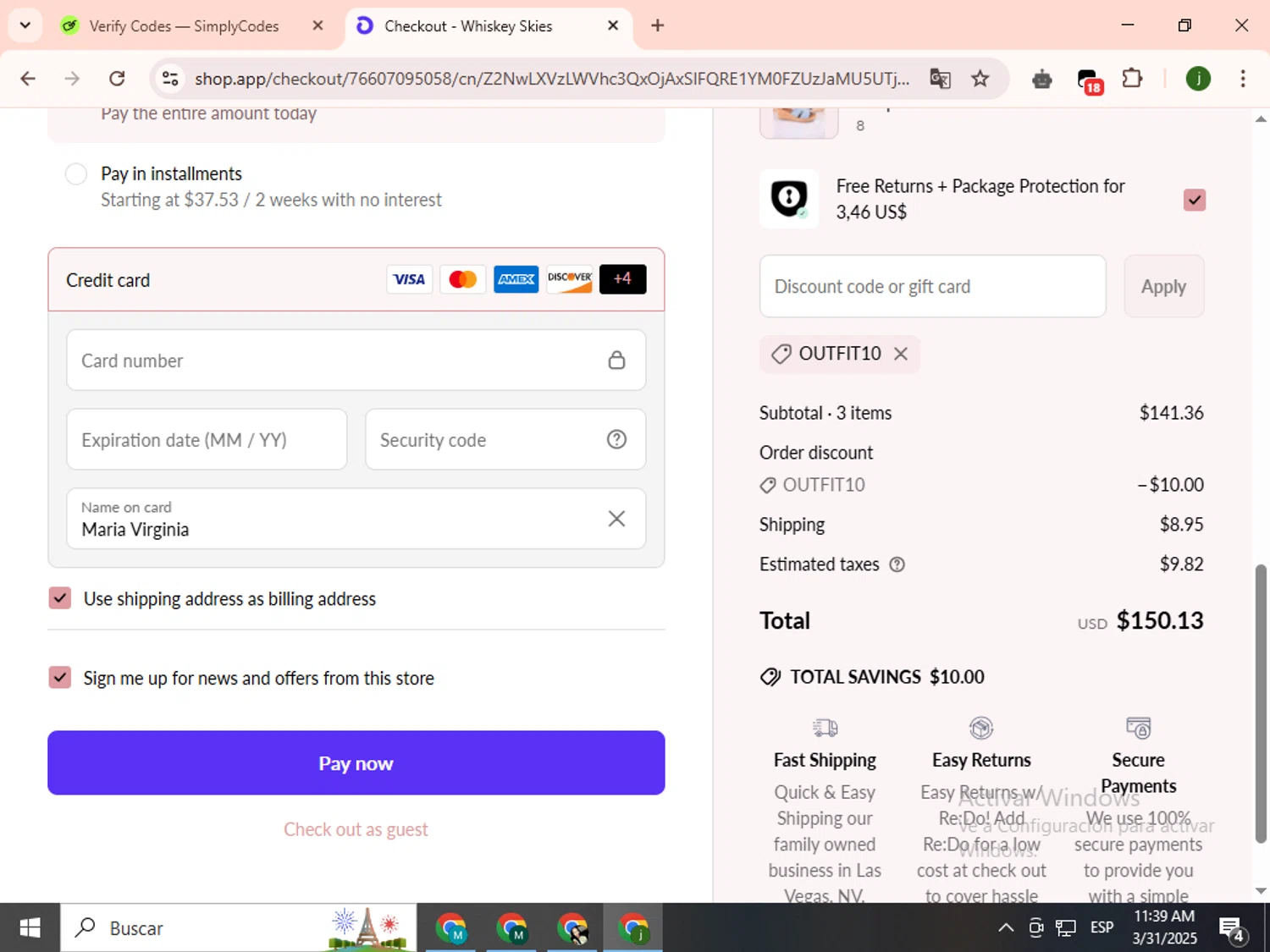 Whiskey Skies Boutique coupon code screenshot showing code OUTFIT10 applied at Whiskey Skies Boutique checkout page. Uploaded by SimplyCodes community member SavingsCollector2592 on Mar 31, 2025
